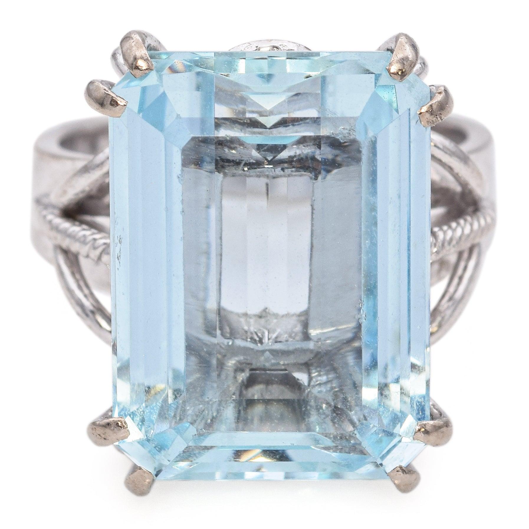 Vintage Gold Palladium Silver Alloy 12.3ct Aquamarine Emerald Cut Cocktail Ring