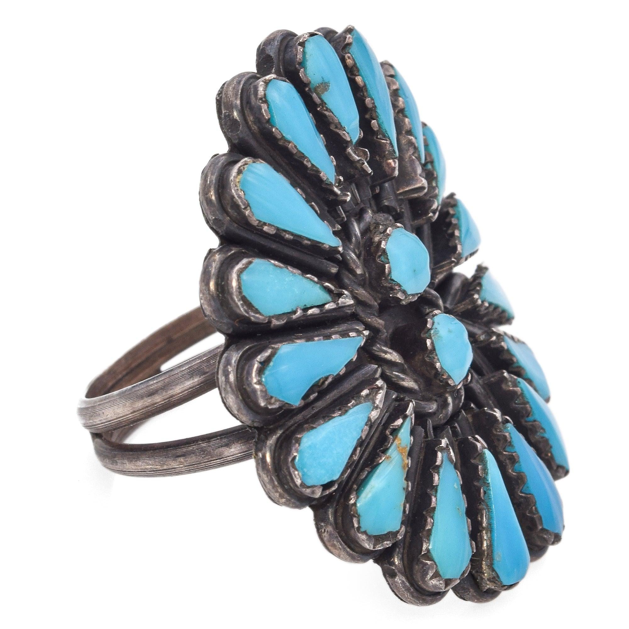 Vintage Navajo Zuni Needlepoint Sterling Silver Turquoise Ring