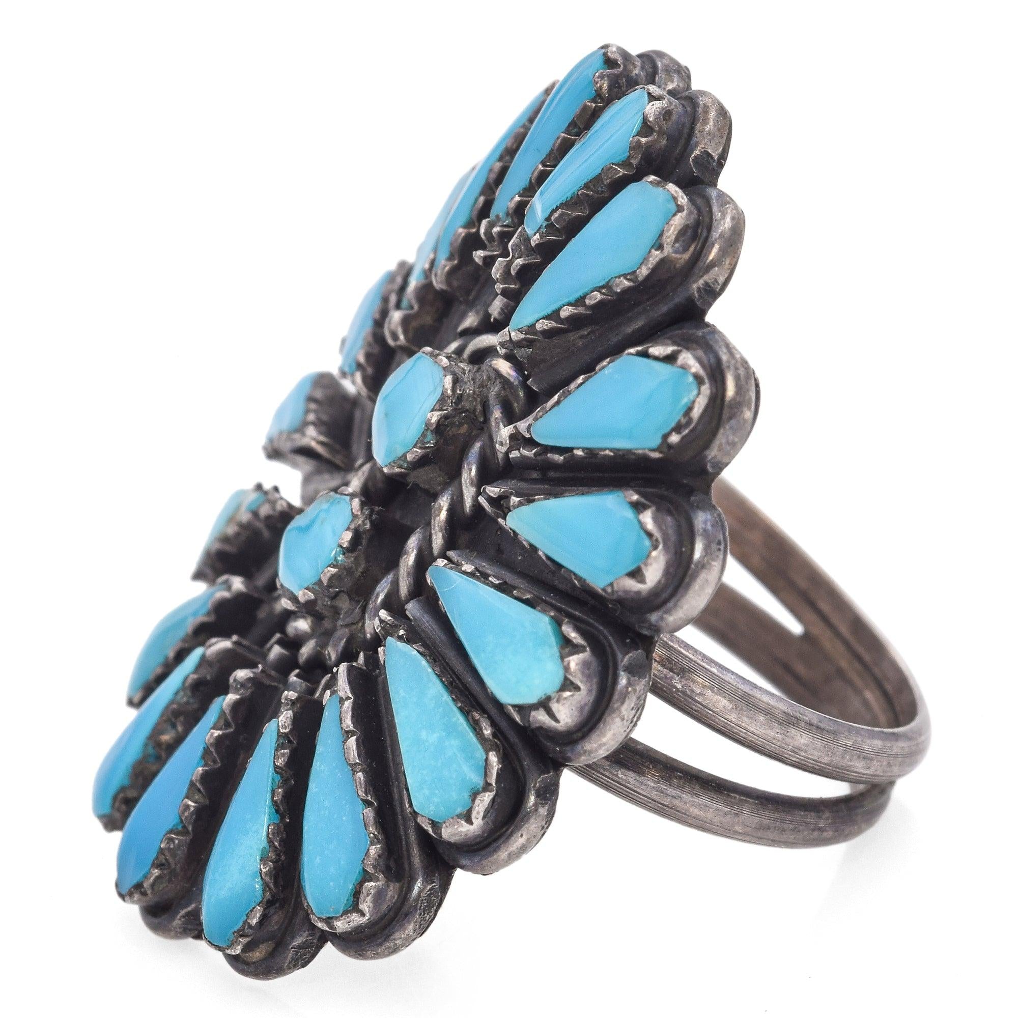 Vintage Navajo Zuni Needlepoint Sterling Silver Turquoise Ring