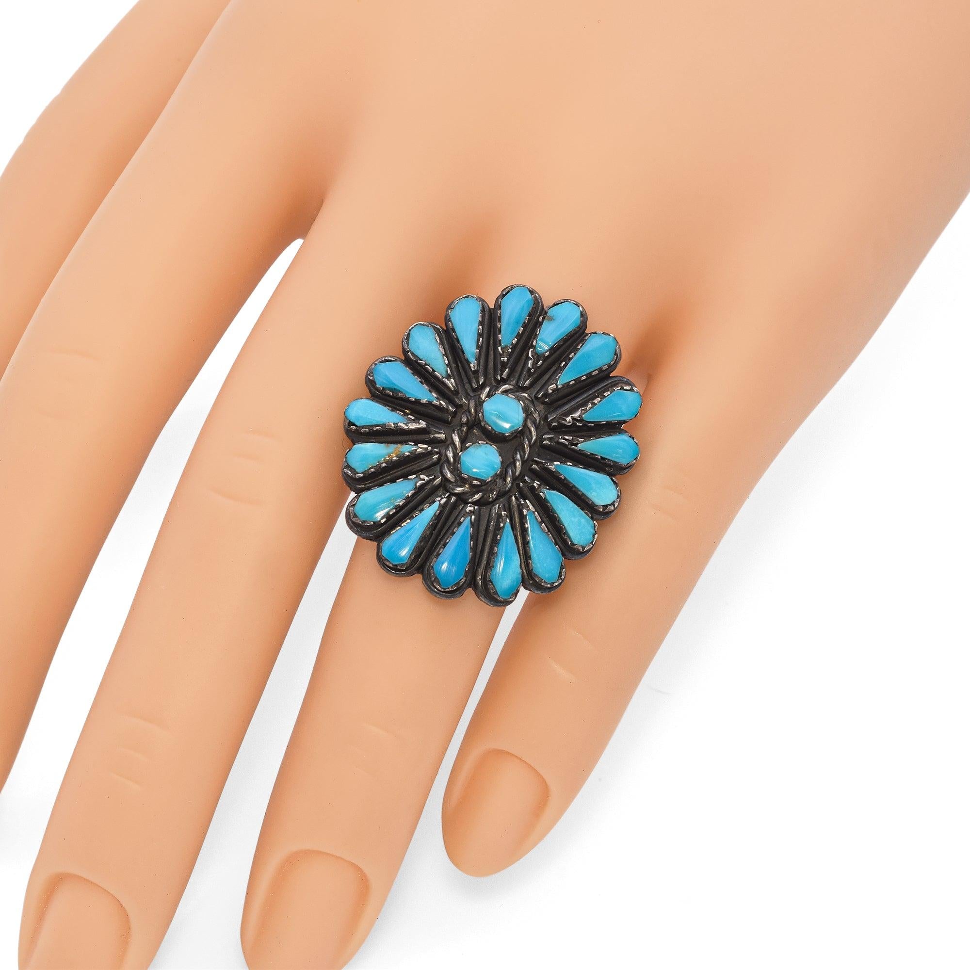 Vintage Navajo Zuni Needlepoint Sterling Silver Turquoise Ring