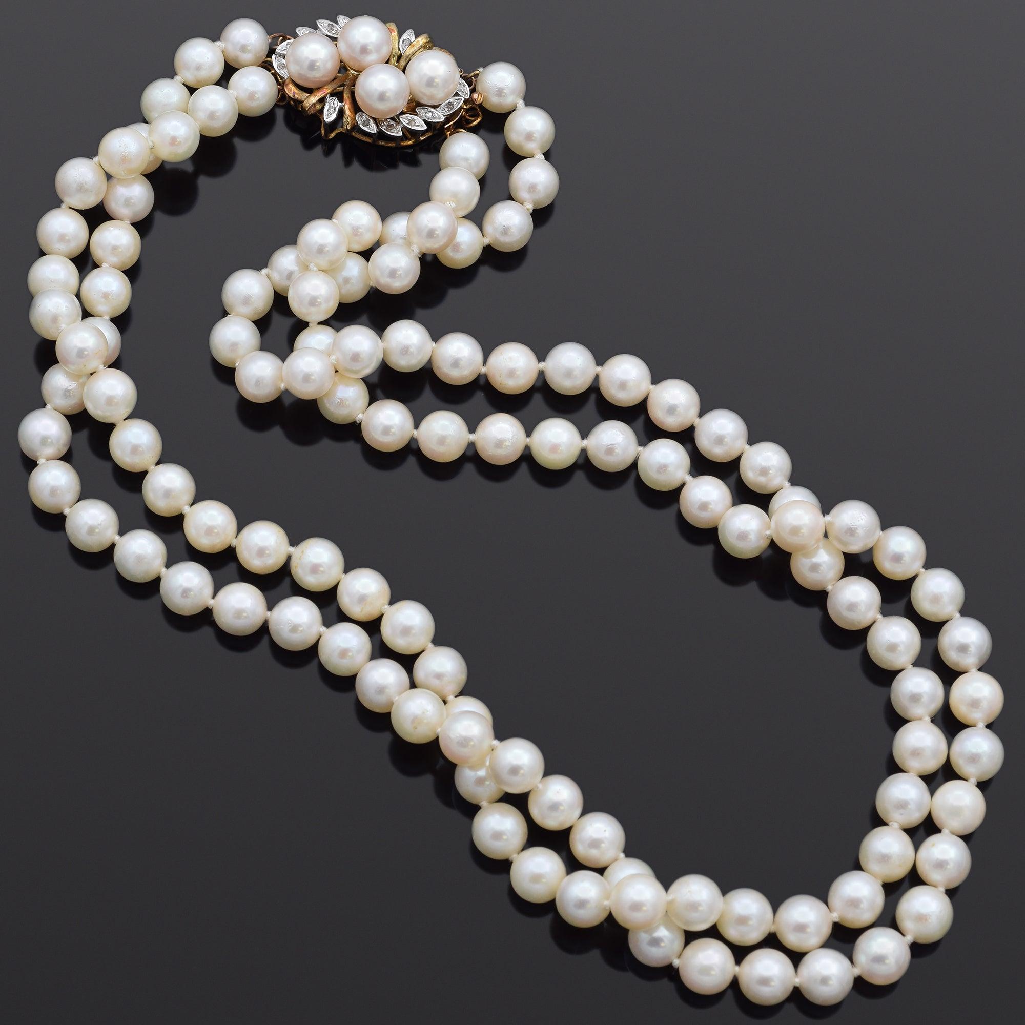 Vintage Pearl & Diamond 14k Yellow Gold Beaded Double-Strand Necklace