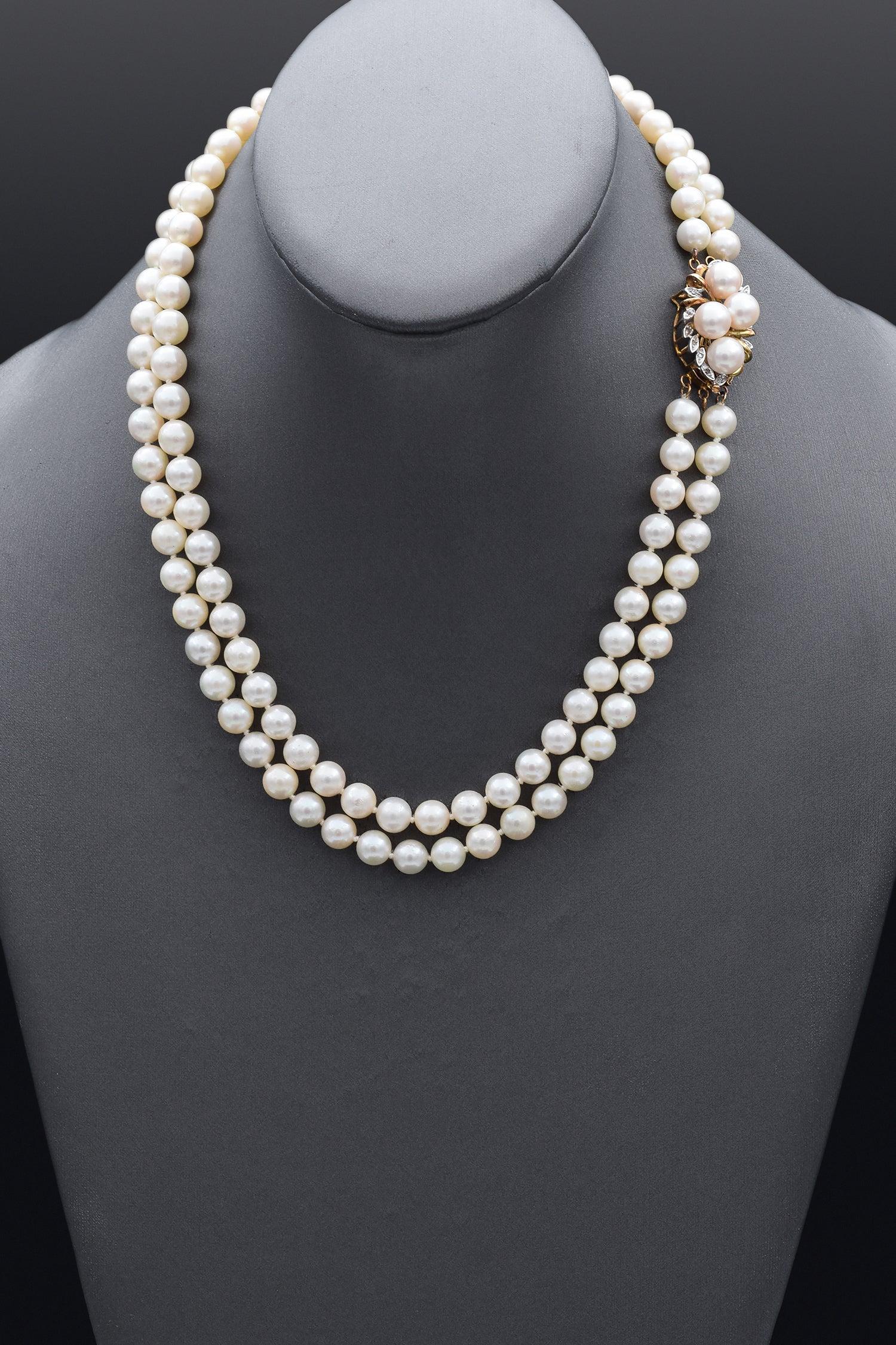 Vintage Pearl & Diamond 14k Yellow Gold Beaded Double-Strand Necklace