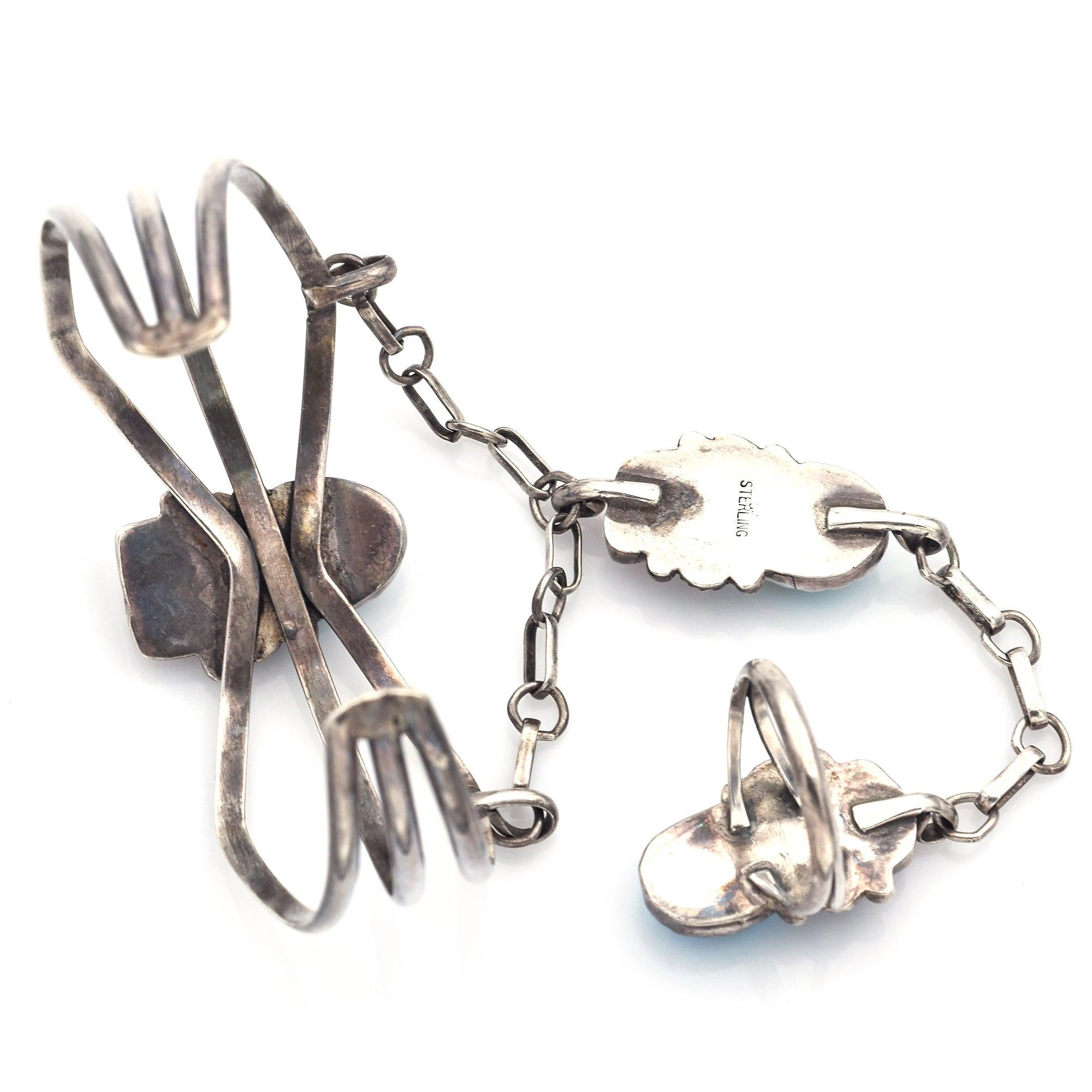 Vintage Sterling Silver Turquoise & Red Coral Southwestern Ring Slave Bracelet