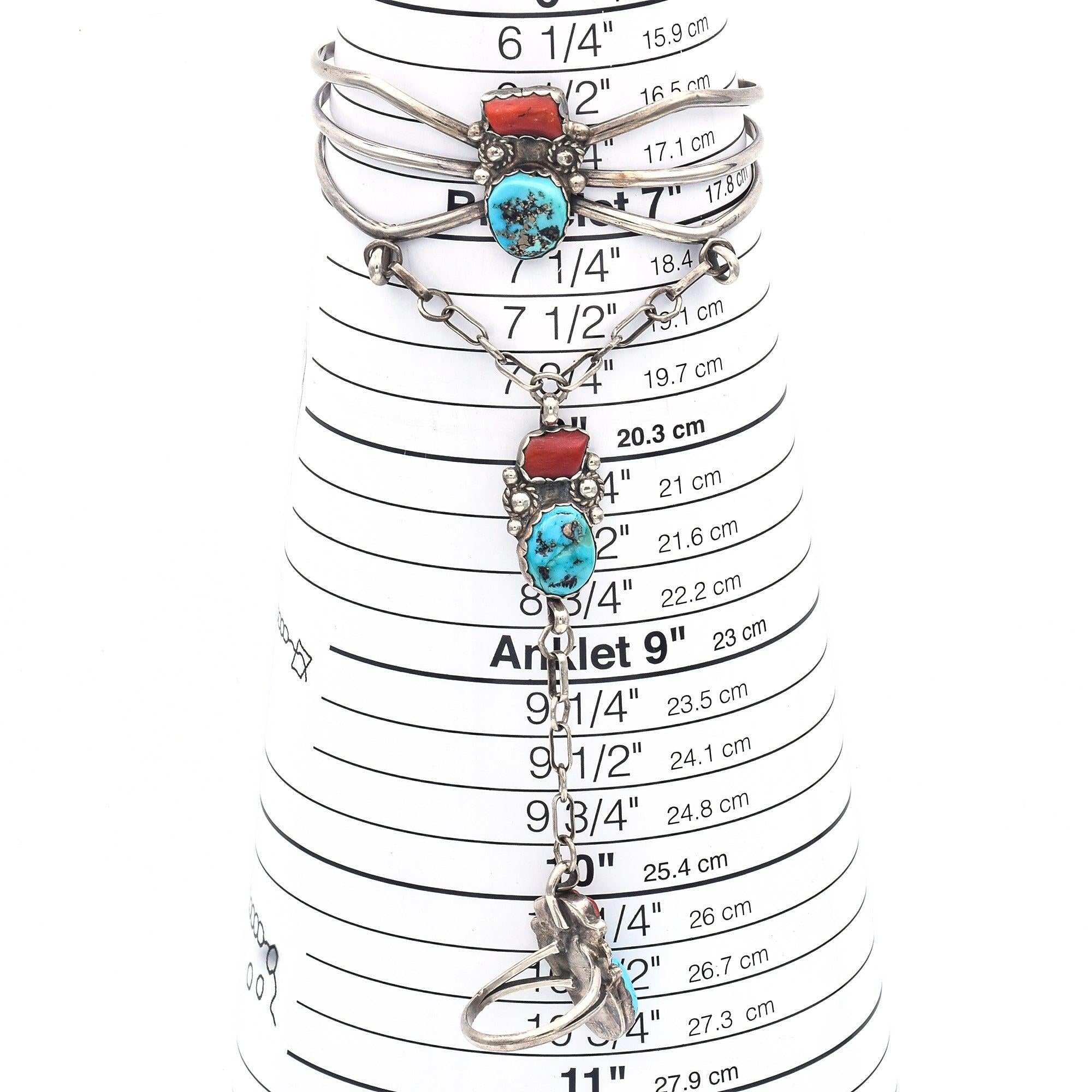 Vintage Sterling Silver Turquoise & Red Coral Southwestern Ring Slave Bracelet