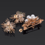 Vintage 14K Yellow Gold Pearl Earrings & Brooch Pin Pendant Set