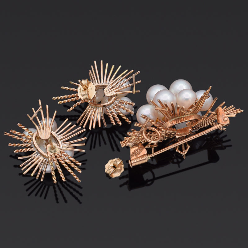 Vintage 14K Yellow Gold Pearl Earrings & Brooch Pin Pendant Set