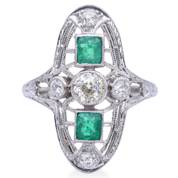 Antique Art Deco 18K White Gold Diamond & Emerald Shield Cocktail Ring Size 3