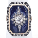 Antique 18K Yellow Gold & Sterling Silver 1.02 TCW Diamond & Blue Enamel Ring