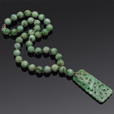 Antique 14K White Gold Green Jade Beaded Strand Carved Bird Pendant Necklace