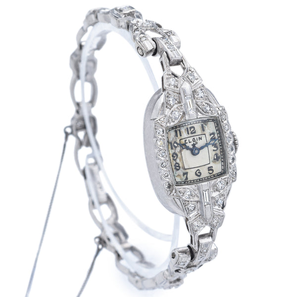 Antique Elgin Platinum & 14K White Gold 0.66 TCW Diamond Hand Wind Women's Watch