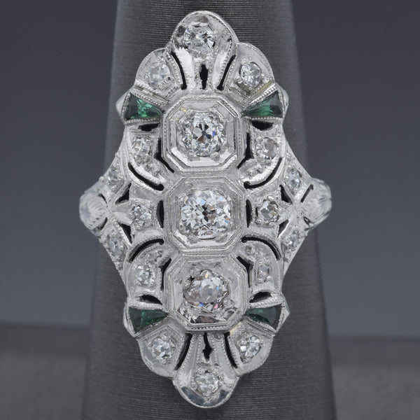 Antique Art Deco Platinum 1.01 TCW Diamond & Green Paste Cocktail Ring Size 6.25