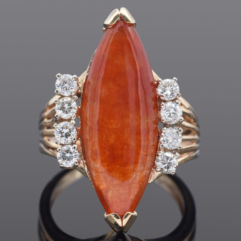 Vintage 14K Yellow Gold 4.96 Ct Orange Jade & 0.48 TCW Diamond Ring Size 5.75