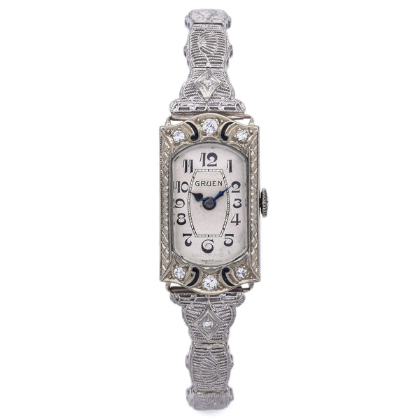 Antique Gruen 14K White Gold Diamond 15 Jewels Hand Wind Women's Watch