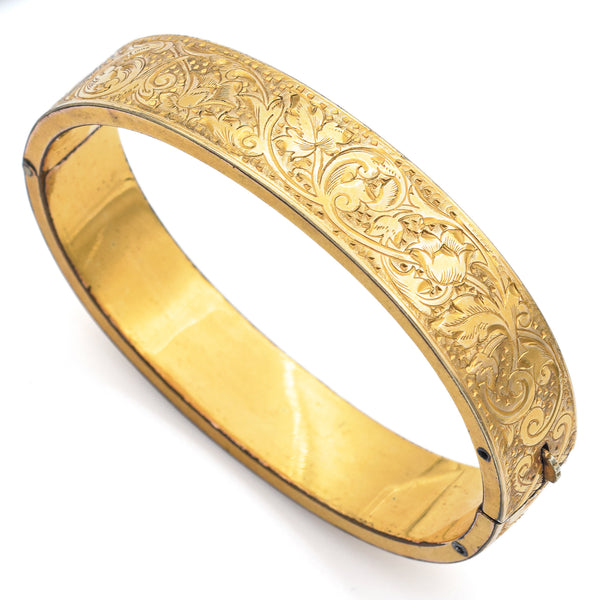 Antique Victorian Gold Filled Black Enamel Hinged Bangle Bracelet