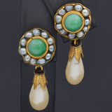 Vintage Green Jade & Pearl 足金 24K Yellow Gold Jacket Screwback Dangle Earrings