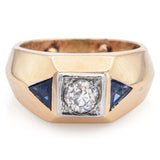 Vintage 14K Yellow Gold Sapphire & 0.65 Ct Old Euro Diamond Ring Size 6.5