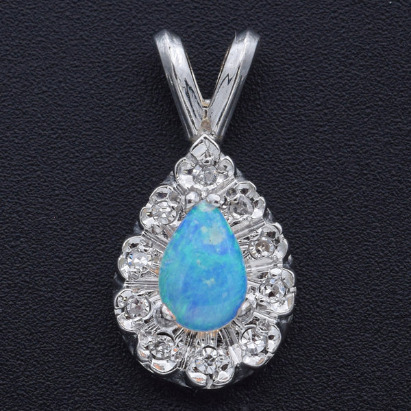 Vintage 14K White Gold Opal & Diamond Pear Charm Pendant