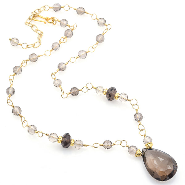 Estate 18K Yellow Gold Smoky Quartz Pendant Beaded Necklace with 20K Gold Clasp