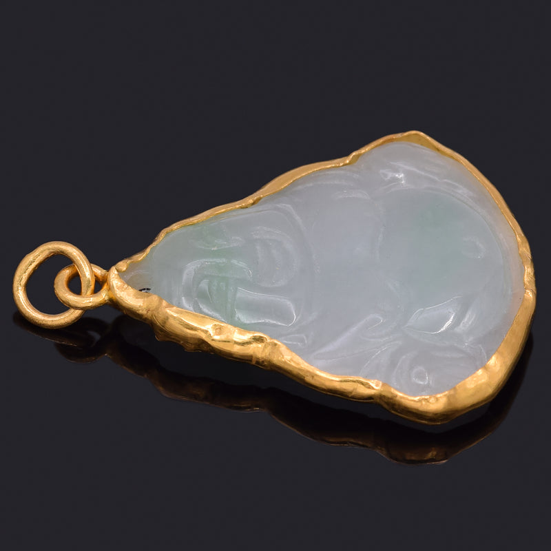 Vintage 24K Yellow Gold Translucent Green Jade Carved Buddha Pendant