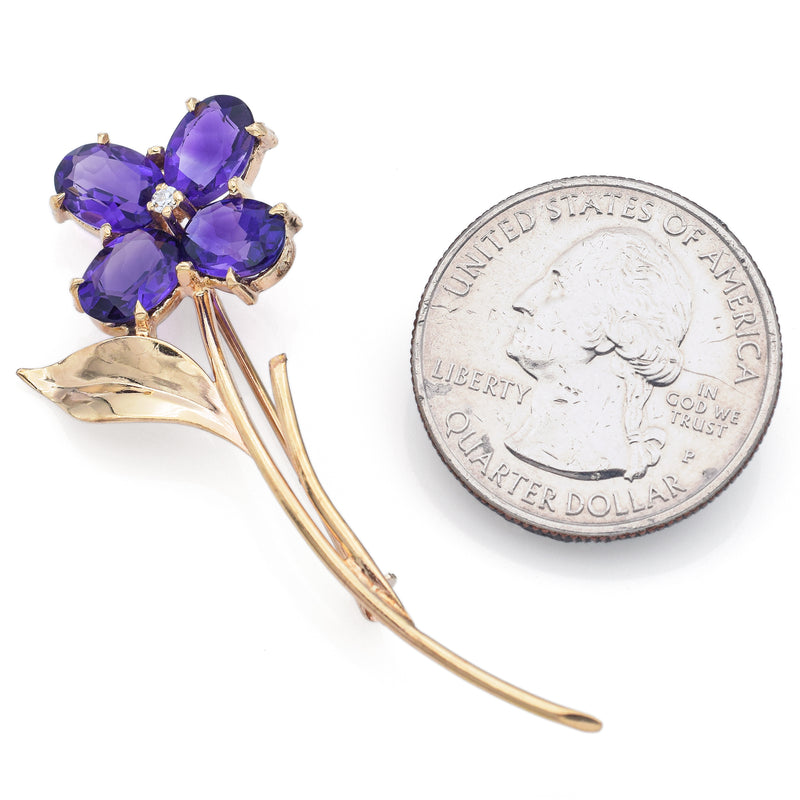 Vintage 14K Yellow Gold Amethyst & Diamond Floral Brooch Pin