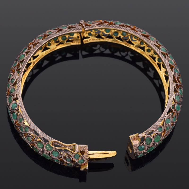 Antique 6K Yellow Gold Emerald 15 mm Hinged Bangle Bracelet + Box