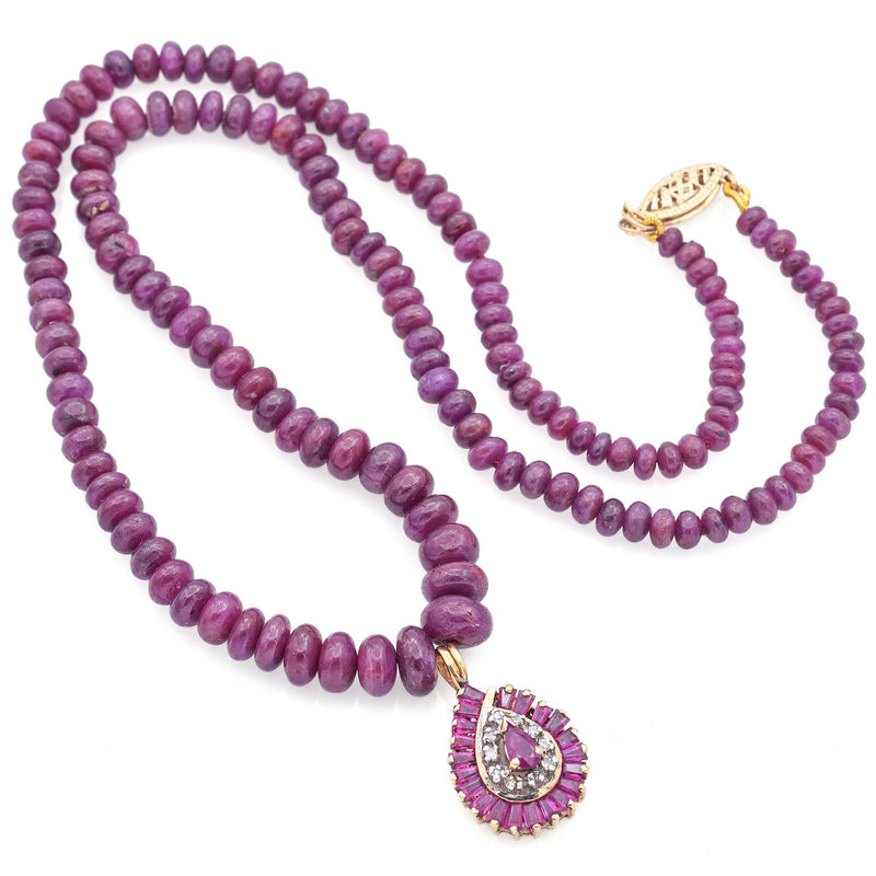 Vintage 14K Yellow Gold Ruby & Diamond Pendant Beaded Necklace