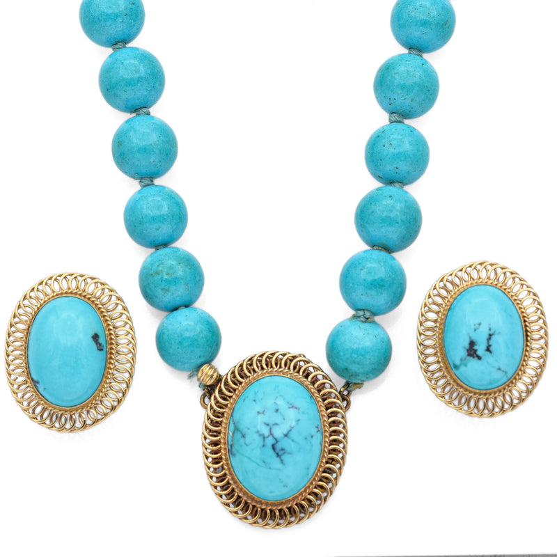 Vintage 14K Yellow Gold Turquoise Clip-On Earrings & Beaded Necklace Set