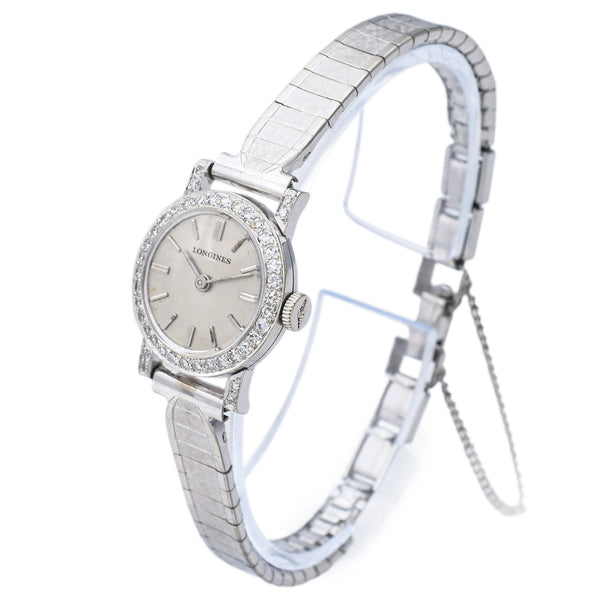 Vintage Longines 18K White Gold Diamond Bezel Women's Hand Wind Watch + Box
