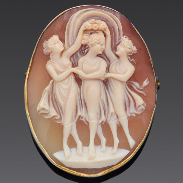 Antique Sterling Silver Cameo Shell Three Graces Brooch Pin Pendant