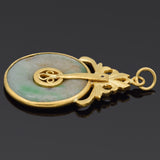 Vintage 24K Yellow Gold Green Jade Round Donut Disc Pendant