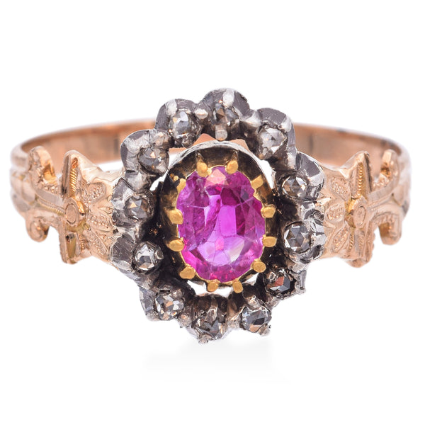Antique 17K Yellow Gold Ruby & Rose Cut Diamond Band Ring Size 8