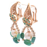 Vintage 18K Yellow Gold Emerald & Pearl Clip-On Dangle Earrings