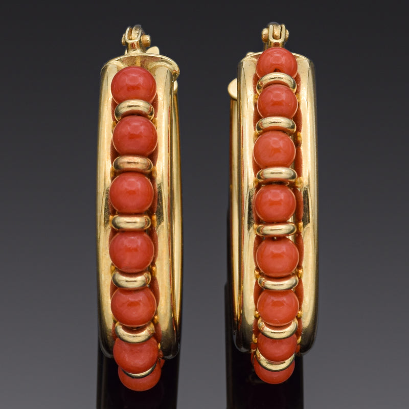 Vintage 18K Yellow Gold Red Coral Oval Hoop Dangle Earrings 25 x 22 mm