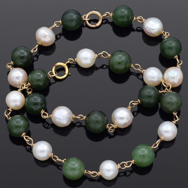 Lot of 2 Vintage Green Jade & Pearl 14K Yellow Gold Station Bracelets 6.5 Inches
