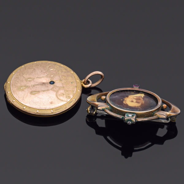 Lot of 2 Antique Gold Filled Blue & Pink Paste Locket Pendant & Brooch Pin