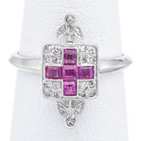 Antique Art Deco 14K White Gold Ruby & Rose & Mine Cut Diamond Band Ring Size 5
