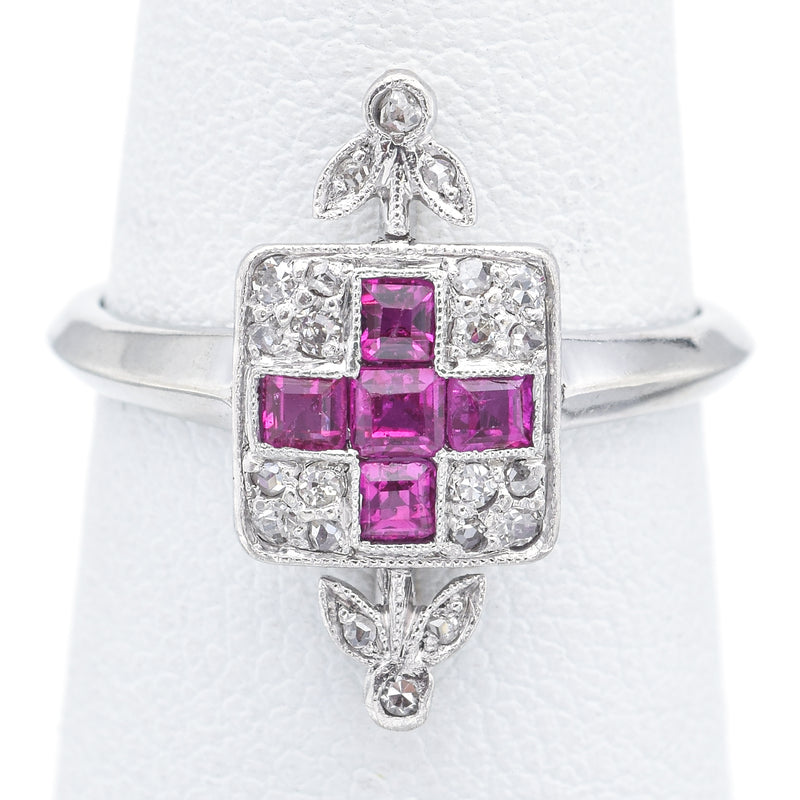 Antique Art Deco 14K White Gold Ruby & Rose & Mine Cut Diamond Band Ring Size 5