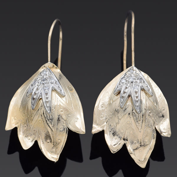 Vintage Diamond 14K Yellow Gold Leaf Dangle Earrings