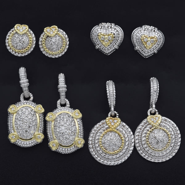 4 Pairs Judith Ripka JR TWO Sterling Silver & 18K Gold 1.40 TCW Diamond Earrings