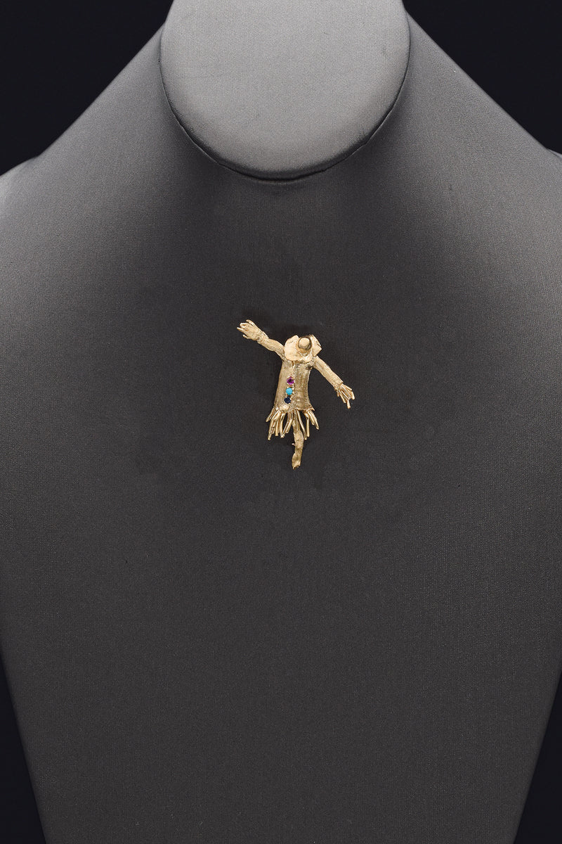 Vintage 14K Yellow Gold Ruby Sapphire Turquoise Scare Crow Pin Brooch 8.7 Grams