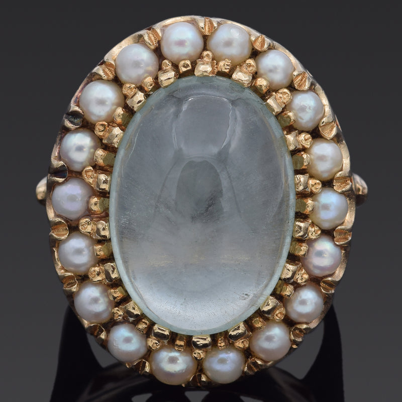 Vintage 14K Yellow Gold 12.81 Ct Aquamarine & Pearl Cocktail Ring Size 7