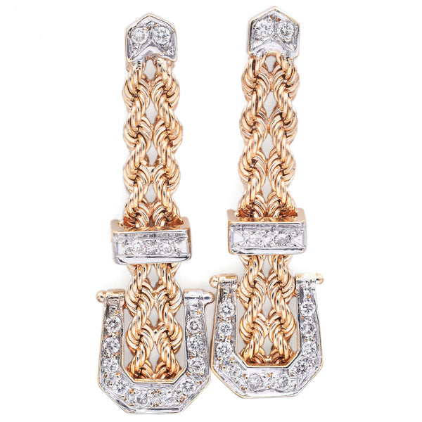 Vintage 14K Multi-Tone Gold Diamond Buckle Drop Earrings