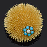 Vintage Tiffany & Co. 18K Yellow Gold Turquoise & Diamond Large Brooch Pin + Box