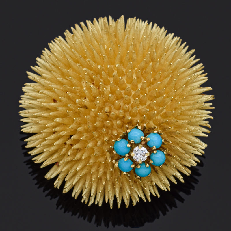 Vintage Tiffany & Co. 18K Yellow Gold Turquoise & Diamond Large Brooch Pin + Box