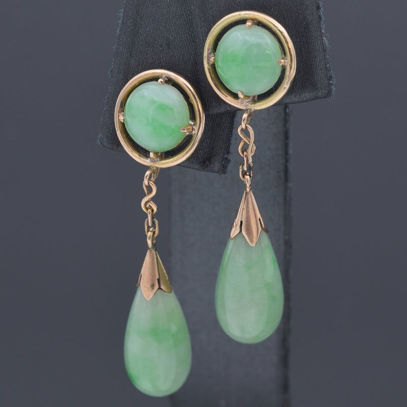 Vintage 14K Yellow Gold Green Jade Pear Dangle Earrings