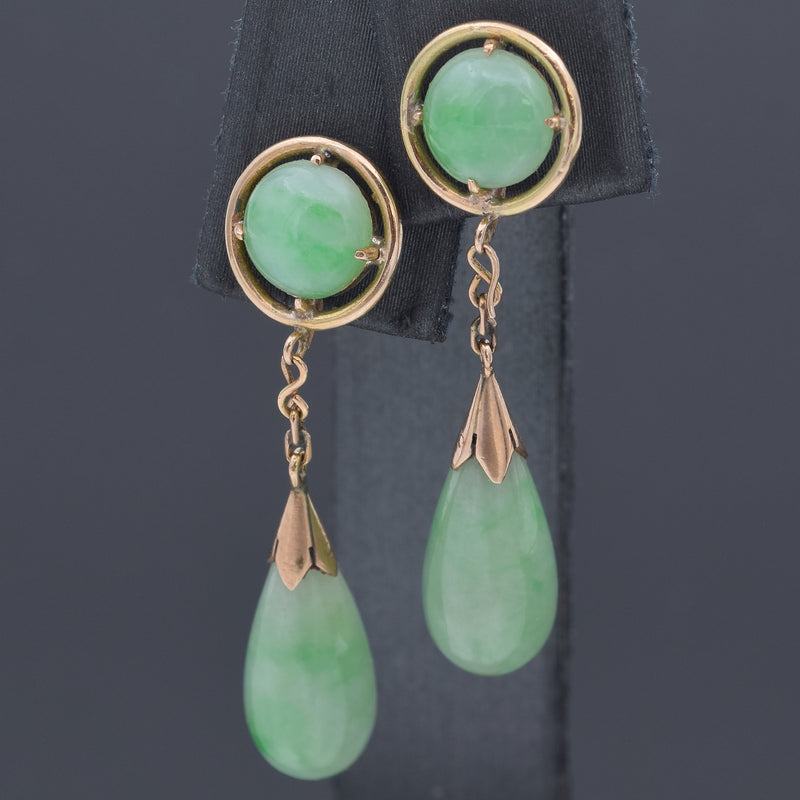 Vintage 14K Yellow Gold Green Jade Pear Dangle Earrings