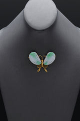 Vintage Chinese Gilt Silver Filigree Jade Butterfly Moth Brooch Pin