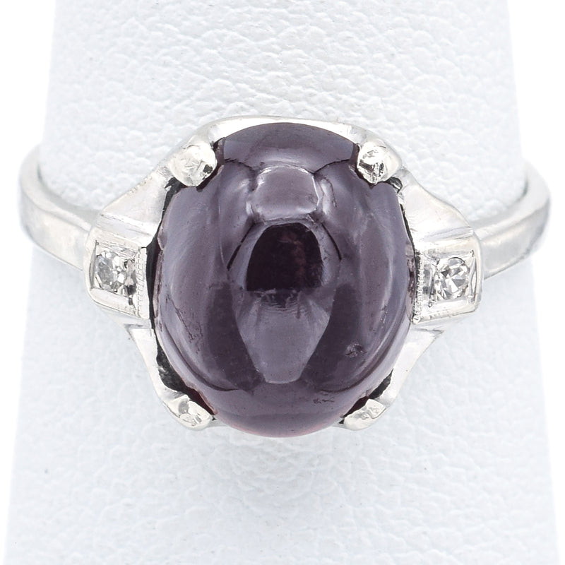 Vintage 14K White Gold Garnet & Diamond Band Ring Size 6.5