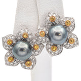 Estate 18K White Gold Pearl, Yellow Sapphire & 1.05 TCW Diamond Floral Earrings