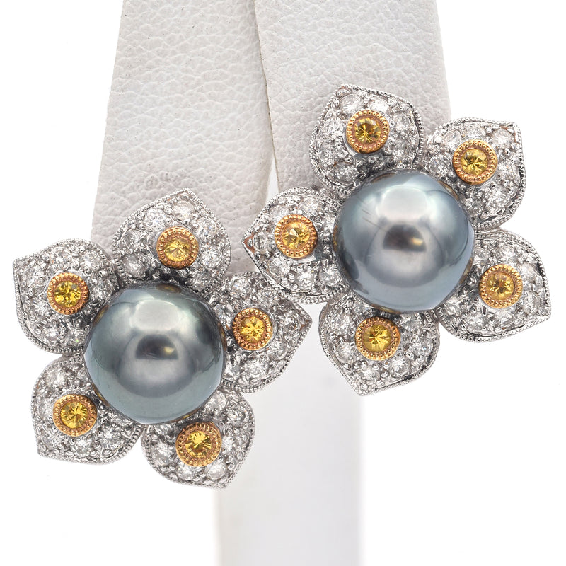 Estate 18K White Gold Pearl, Yellow Sapphire & 1.05 TCW Diamond Floral Earrings